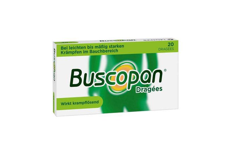 buscopan.jpg Packung von Buscopan Dragées zur Linderung von Bauchkrämpfen, grüne und gelbe Gestaltung mit Logo.