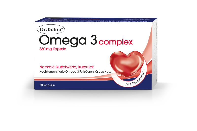 DrBoehm-omega3-complex.png Verpackung von Dr. Böhm Omega 3 complex Kapseln, zur Unterstützung normaler Blutwerte, mit Herzsymbol.