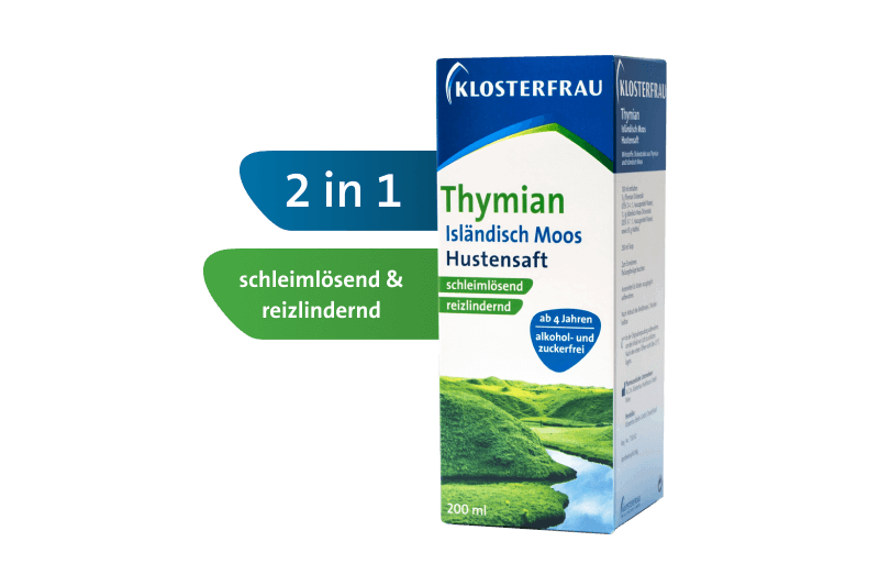 islm-hustenprodukte-thymian-2.png Verpackung von Klosterfrau Thymian Hustenstift, 200 ml, mit Informationen über Wirkung und Inhaltsstoffe.