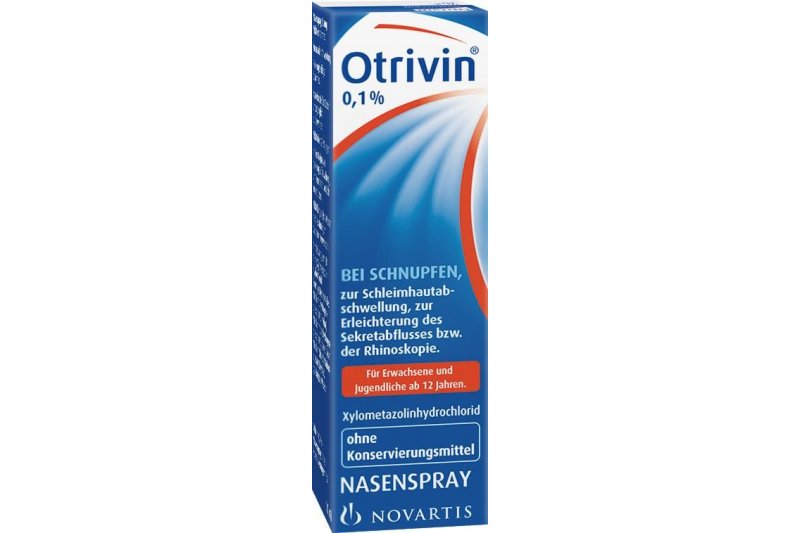 Otrivin.jpg Otrivin Nasenspray in einer blauen Verpackung mit Informationen zur Anwendung und Inhaltsstoffen.
