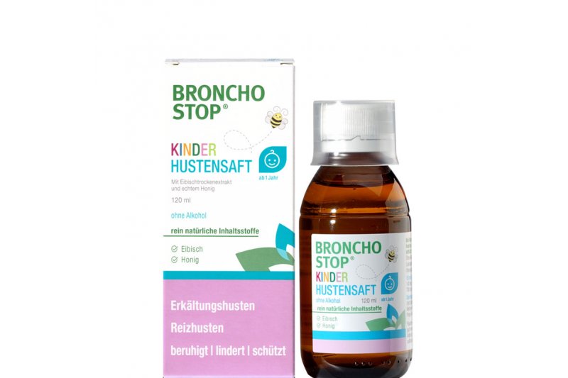 Bronchostop-Kinderhustensaft.jpg Broncho Stop Kinder Hustenstift mit Eibisch und Honig in einer 120 ml Flasche und Verpackung in hellem Design.