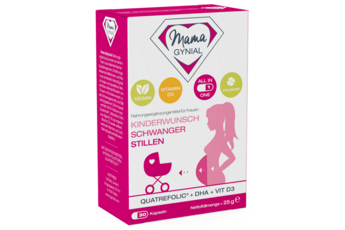 Verpackung eines Nahrungsergänzungsmittels für Frauen mit der Aufschrift "Kinderwunsch, Schwanger, Stillen" in bunten Farben.