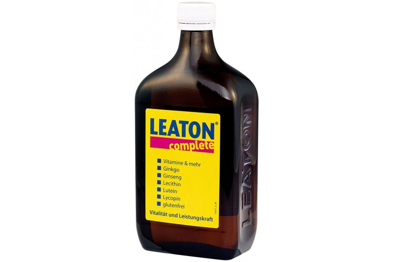 Leaton-500ml.jpg Braune Flasche mit einem gelben Etikett, auf dem "LEATON complete" steht, enthält Vitamine und Ginkgo.