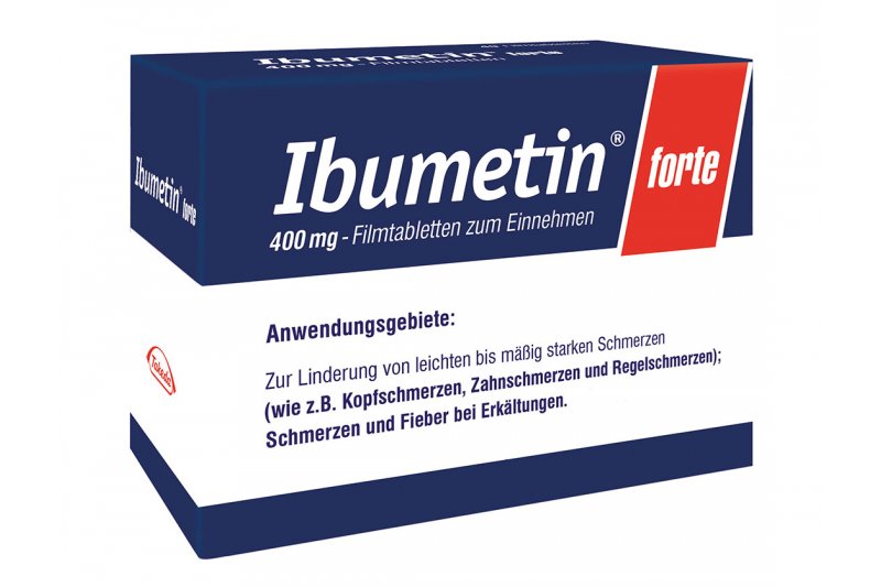 Ibumetin_400mg.jpg Verpackung mit Ibuprofen 400 mg in Filmtabletten, Anwendung: Linderung von leichten bis mäßig starken Schmerzen.