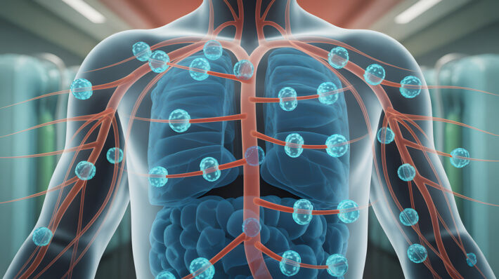 Darstellung des menschlichen Körpers mit hervorgehobenen Atemwegen, Blutgefäßen und Zellen in blau und rot.