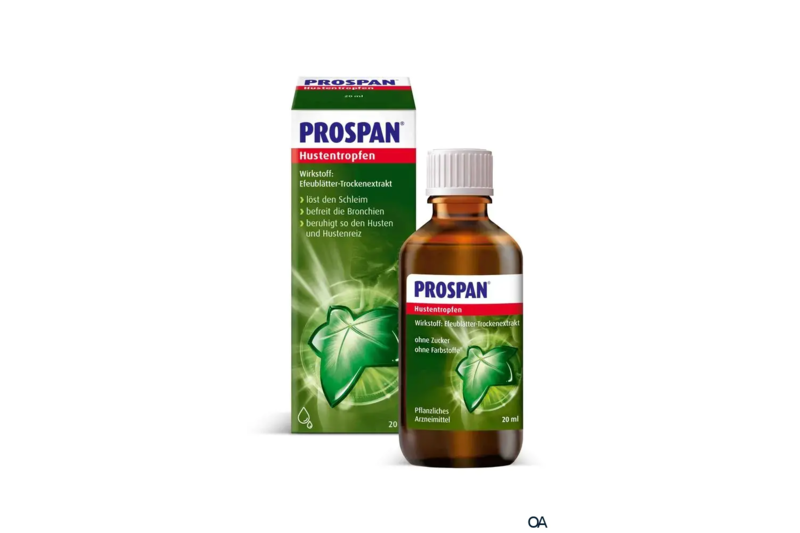 5543426_Prospan_Hustentropfen_20ml_2025.png Eine Flasche Prospan Hustentropfen mit einer grünen Verpackung, die Efeublätter zeigt, für pflanzliche Arzneimittel.