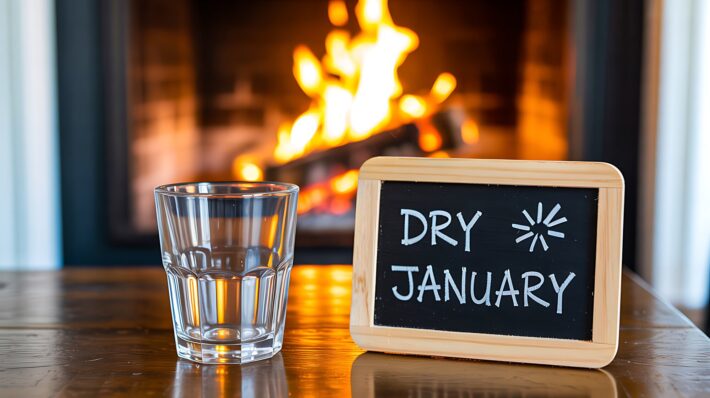 Ein Glas Wasser steht neben einer Tafel mit der Aufschrift 'DRY JANUARY' vor einem Kaminfeuer.