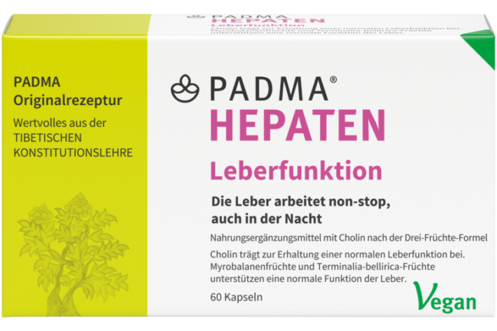 Verpackung eines Nahrungsergänzungsmittels für die Leber mit Aufschrift und pflanzlichem Design.