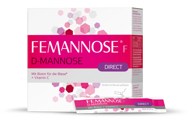 femannose-f-direkt.png Packung mit D-Mannose-FEMANNOSE, enthält Biotin und Vitamin C, mit einem Sachet für die Einnahme direkt im Mund.