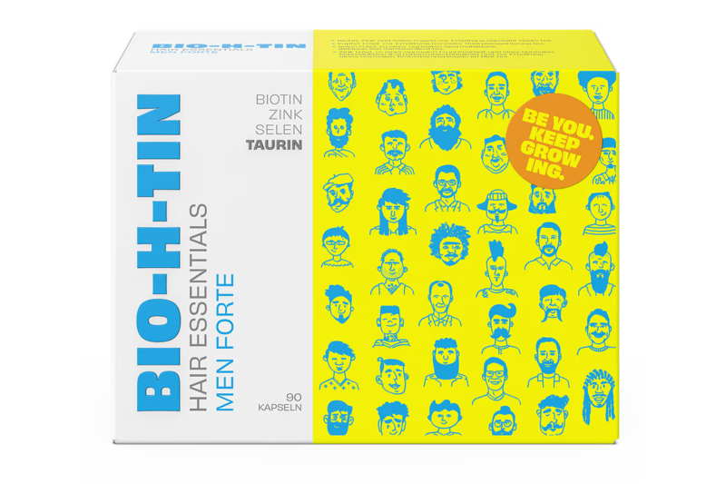 Verpackung von BIO-H-TIN Men Forte mit buntem, illustrativem Design von verschiedenen männlichen Gesichtern.