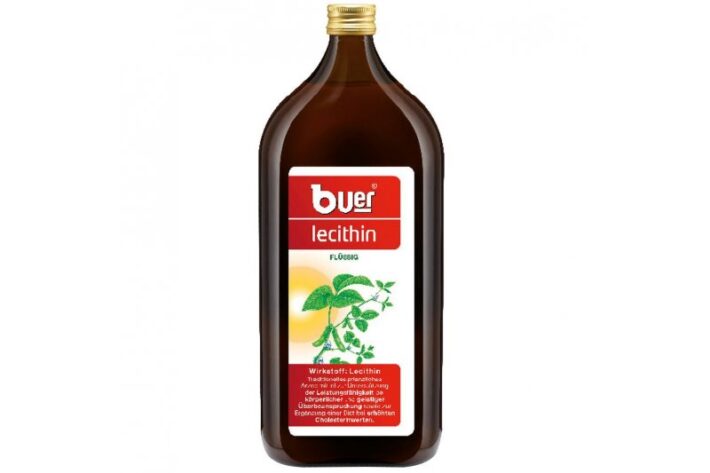 Braune Flasche mit Flüssiglecithin, Etikett enthält Produktinformationen und Pflanzenmotiv.