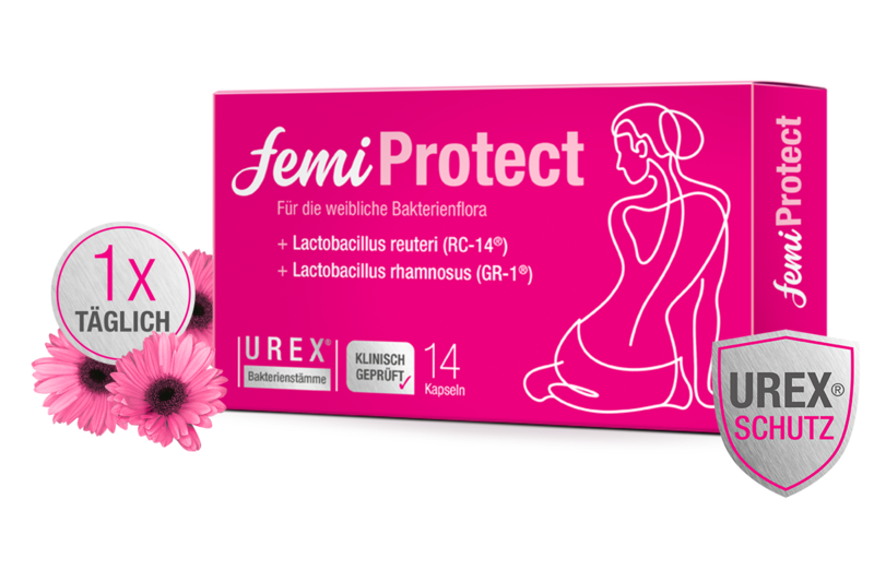 Packung mit femiProtect, einem Präparat für die weibliche Bakterienflora, mit pinkem Design und Angaben zu Inhaltsstoffen.