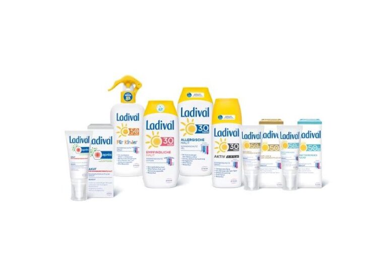 Verschiedene Ladival Sonnenpflegeprodukte in unterschiedlichen Flaschen und Tuben, meisten mit gelben Kappen und weißen Etiketten.