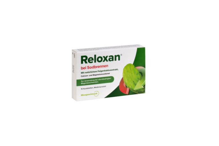 Packung Reloxan bei Sodbrennen mit Feigenkaktusextrakt, Calcium und Magnesiumcarbonat, 16 Kautabletten.