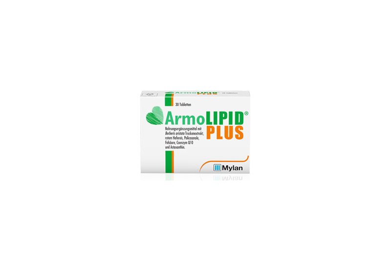 Verpackung von ArmoLIPID PLUS mit Informationen zu Inhaltsstoffen und Dosierung, in weißer Schachtel mit grünem und orangefarbenem Text.