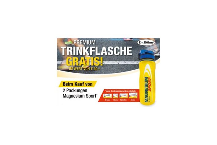 Anzeige für eine kostenlose Trinkflasche beim Kauf von zwei Packungen Magnesium Sport, mit gelber Flasche im Vordergrund.