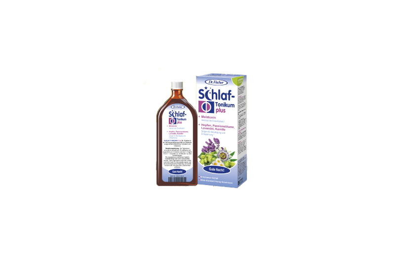 schlaf-tonikum-dr-fischer.png Braune Flasche mit Schlaf-Tonikum plus und Verpackung, enthält Melatonin und pflanzliche Inhaltsstoffe.