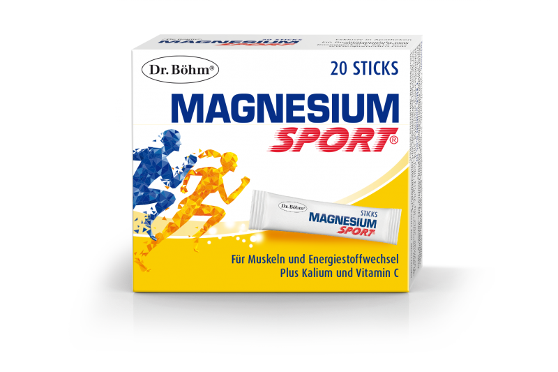 DrBoehm-Magnesium-Sport-Sticks.png Verpackung von Dr. Böhm Magnesium Sport mit 20 Stick-Packungen für Muskeln und Energiestoffwechsel, gelbes Design.