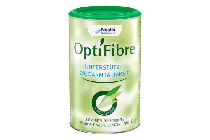 Dose OptiFibre von Nestlé mit grünem Deckel, die die Darmtätigkeit unterstützt und 100% pflanzlich ist.